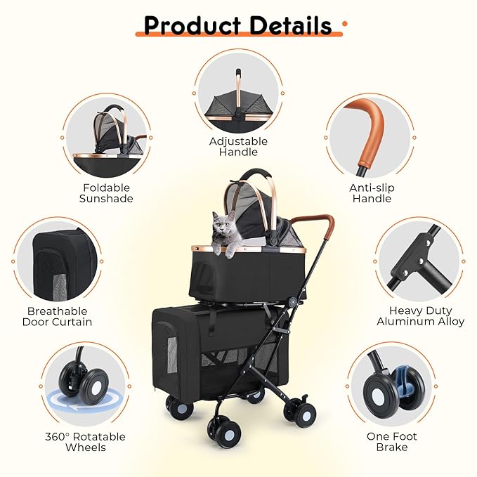 Double Pet Stroller for Small Medium Dogs - 4 In1 Dog Stroller for 2 Pets, Detachable and Foldable with 360°Rotating Wheels, Easy Assembly and Compact Size-PawvioPets