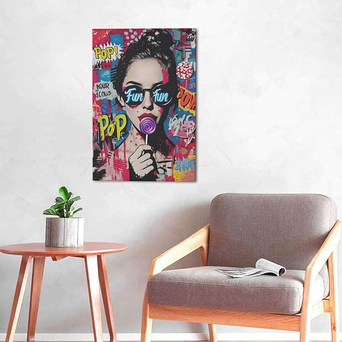 Fashion Women Wall Art Glam Modern Artwork for Girls Banksy Street Graffiti Pop Art Canvas Pictures Painting Print Framed Decorations Gifts for Bedroom Living Room Office 16"x24"-PawvioPets