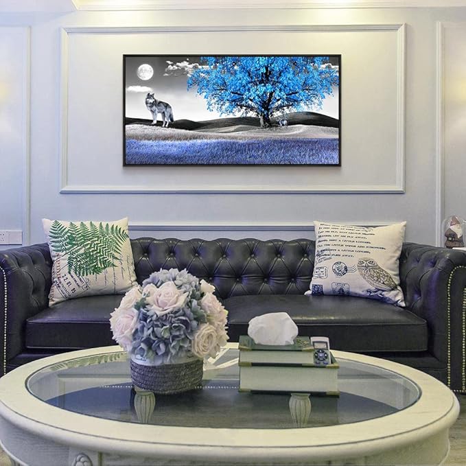 Frame Canvas Wall Art For Living Room Family Wall Decorations For Bedroom Modern Office Wall Decor Paintings Blue Tree Landscape Pictures Artwork Canvas Art Prints Home Decor Black Framed 24" X 48"-PawvioPets