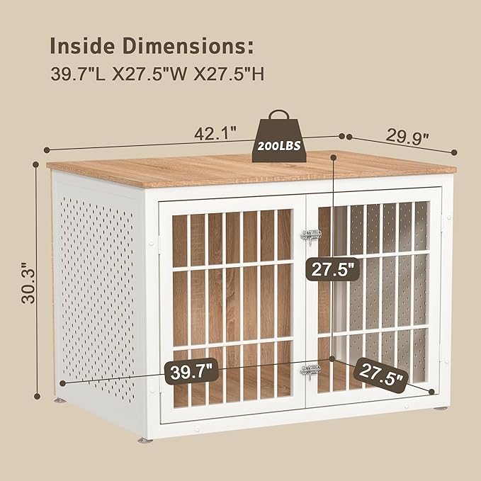 42" Heavy Duty Dog Crate Furniture for Large Dogs, Metal Kennel for High Anxiety Dogs, White Wooden Cage Furniture Indoor, Decorative Dog Kennel End Table, XL-PawvioPets