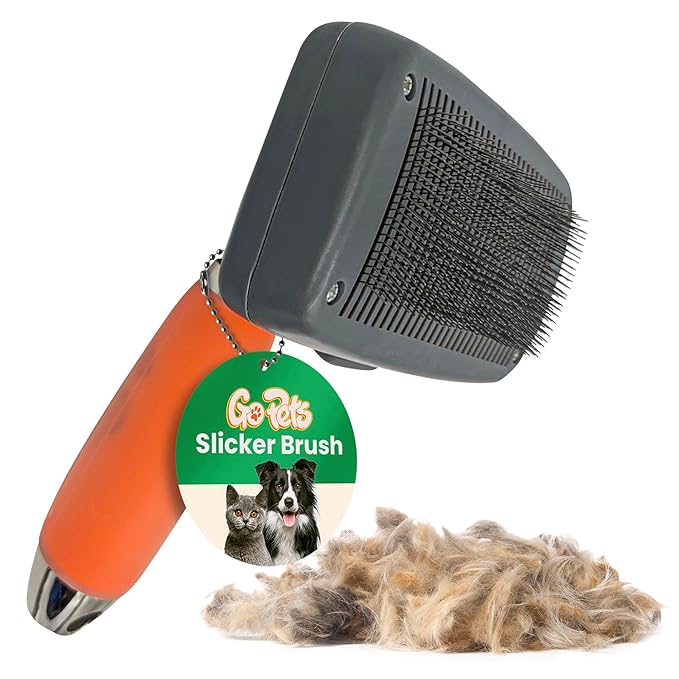GoPets Self-Cleaning Slicker Brush for Dogs & Cats, Deshdding & Dematting Comb with Retractable Bristles for Easy Cleaning, Undercoat Grooming Tool, Non-Slip Handle, Detangler for Mats & Loose Pet Fur-PawvioPets