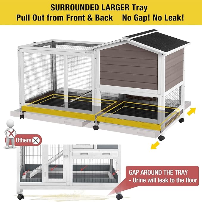 Aivituvin Rabbit Hutch 62" Rabbit Cage Indoor Outdoor Chicken Coop Guinea Pig Cage on Wheels Bunny Cage with 3 Deep No Leakage Pull Out Tray,Waterproof Roof (Brown)-PawvioPets
