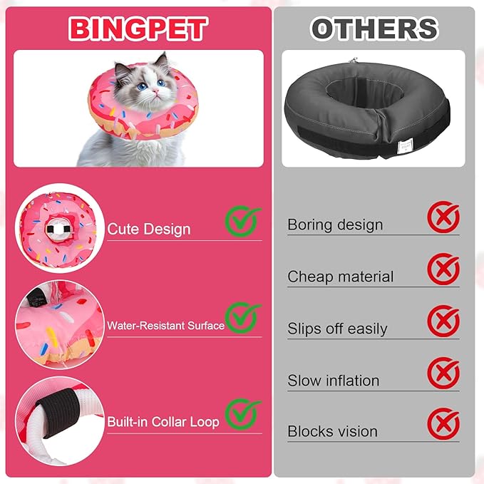 BINGPET Cat Cone Collar Soft,Waterproof Cat Recovery Collar to Stop Licking,Cute Donut Elizabethan e Collar for Cats Kittens Puppies Wound Healing After Surgery(Donut Pink,Small)-PawvioPets