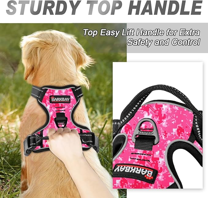 BARKBAY No Pull Dog Harness Front Clip Heavy Duty Reflective Easy Control Handle for Large Dog Walking(Pink camo,M)-PawvioPets