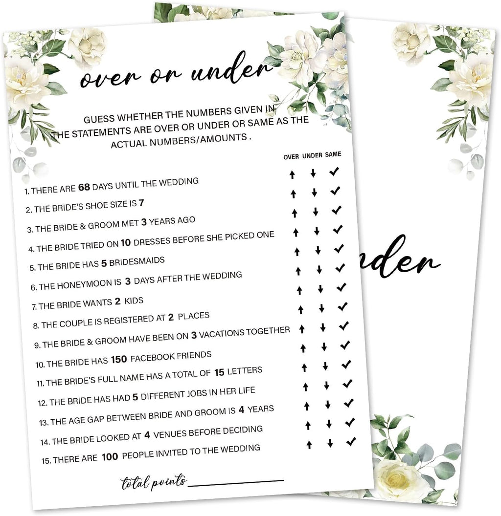 Eucalyptus Bridal Shower Games 30 Guests, Over or Under Bridal Games for Showers, White Rose Wedding Engagement Party Activity Party Supplies/Green-05