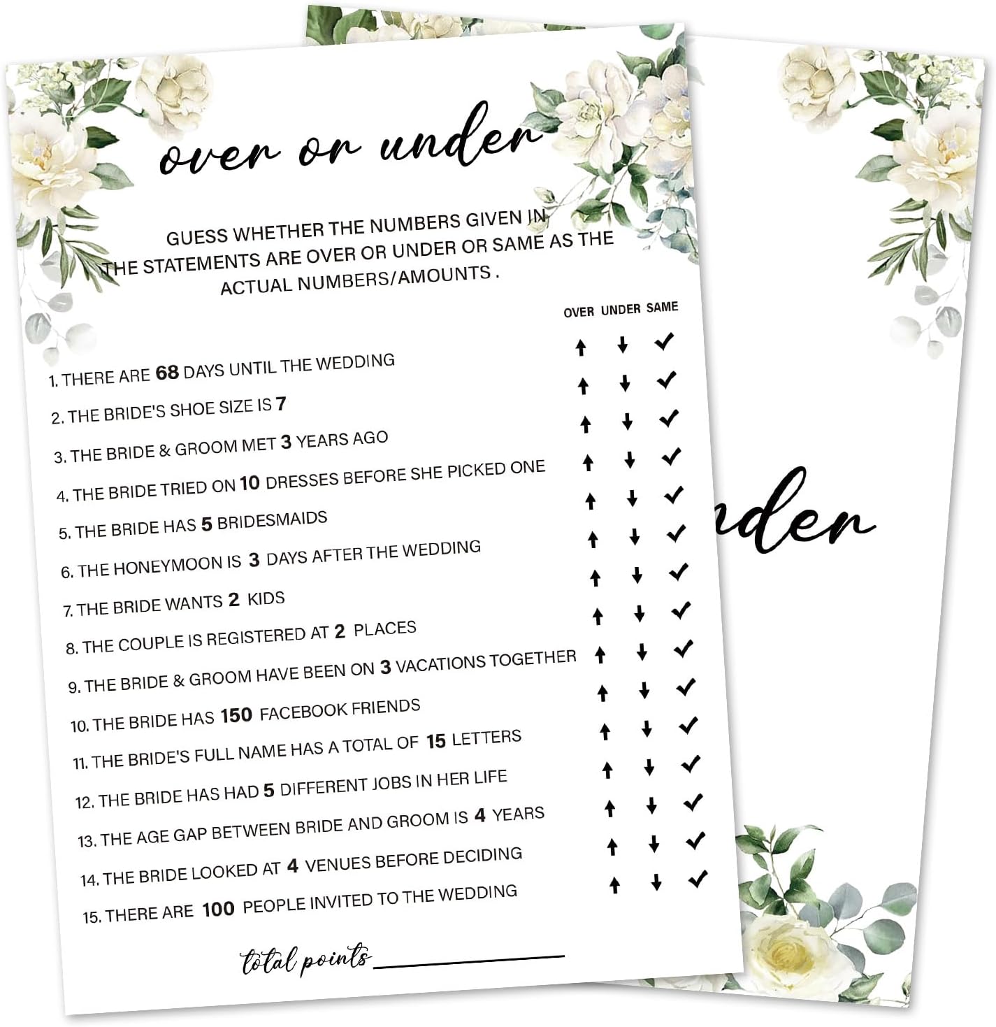 Eucalyptus Bridal Shower Games 30 Guests, Over or Under Bridal Games for Showers, White Rose Wedding Engagement Party Activity Party Supplies/Green-05