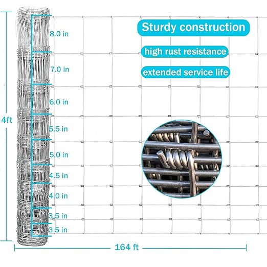 Farm Fence, 4ft x 164ft Galvanized Wire Fencing, Cattle Fence, Deer Fence, Heavy Zinc Coating Farm Fence Used to Hog Goat Fencing for Yard Garden and Field-PawvioPets