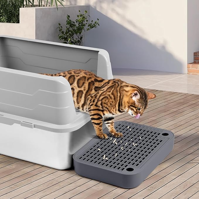 Cat Litter Box Ramp Mat with Filter Function, Cat Step Pedal Stool for Self-Cleaning Litter Box, Easy to Clean, Ideal for Kitten & Elderly Cats (Dark Grey)-PawvioPets