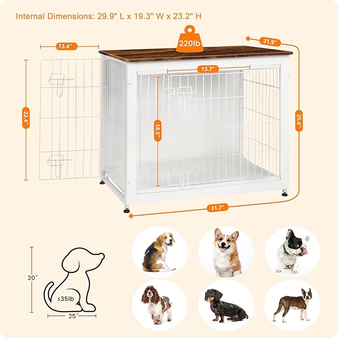 DWANTON Dog Crate Furniture with Cushion, Wooden Kennel Table with Double Doors, Indoor Dog House, Medium Size, 32.5" L, White+Rustic Brown-PawvioPets