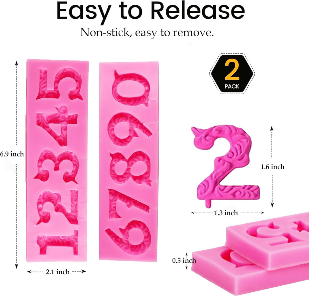Silicone Fondant Molds, AIMEIKI 2 Pack 3D Silicone Number 0-9 Embossed Fondant Chocolate Baking Molds for Decorating Birthday Cake Candy Chocolate DIY Craft Projects