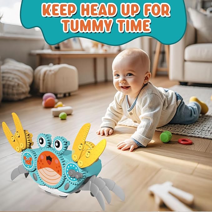 Alritz Crawling Crab Baby Toy, Developmental Tummy Time Toys for Crawling, Walking Crab Toy DIY Gear-building, with Sensory Light-Up, Dancing Crab Toys for Infant Boys Girls 3-6 6-12 36 Months Age 3 +-PawvioPets