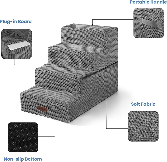 Dog Stairs for Bed 18.5" H, 4-Step Dog Steps for Small Dogs and Cats, Indoor Non-Slip Balanced Pet Stairs are Suitable for Puppy, Older Cat,Gery-PawvioPets