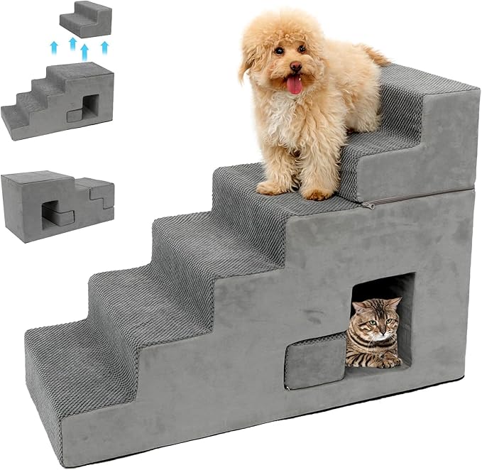 Dog Stairs for Small Dogs 27”H, 6-Step Dog Steps for High Bed, High-Density Foam Pet Stairs with Non-Slip Removable Washable Cover to Get on Bed(Grey)-PawvioPets