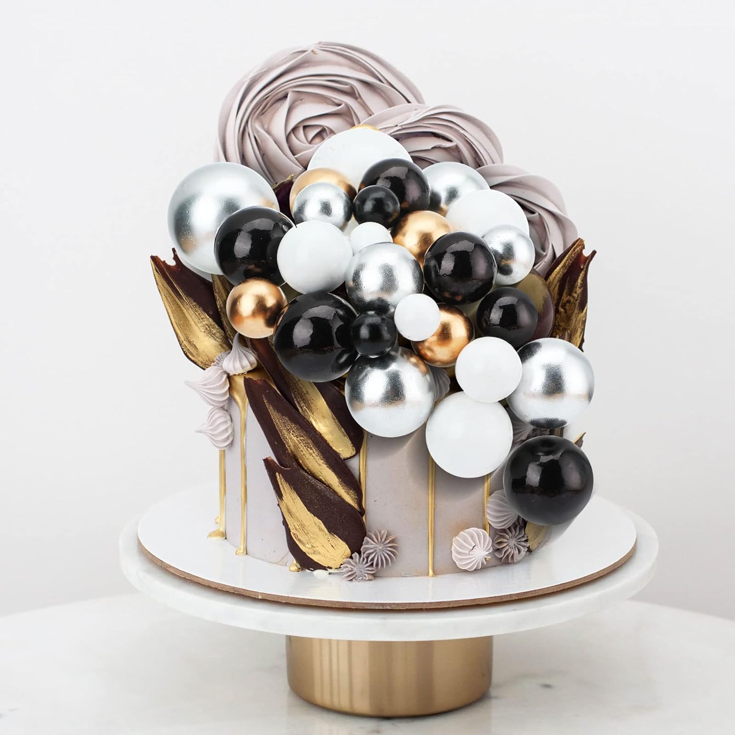 108 Pcs Balls Cake Topper DIY Cupcake Insert Foam Balloons for Cake Baking Wedding Anniversary Birthday Decoration(Black, Silver, White, Gold,Multi Sizes)