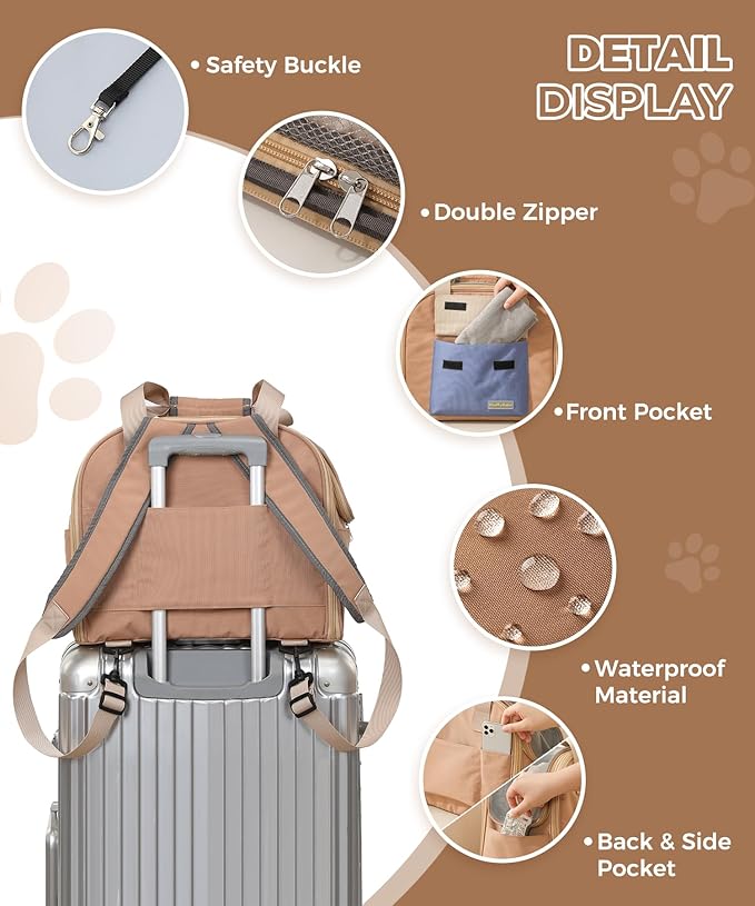 Expandable Pet Carrier Backpack, Cat Carrier Backpacks with Breathable Mesh for Cats Small Dogs Puppies Up to 25 Lbs Airline Approved Waterproof Travel Carrier with Safety Buckle for Hiking & Flights-PawvioPets
