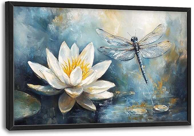 Extra Large Lotus Dragonfly Framed Wall Art for Living Room,Abstract Blue Lotus Flower Lake Pictures Wall Decor,Nature Canvas Print Painting Modern Artwork Bedroom Office Bathroom 36L" x 24W"-PawvioPets