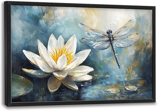 Extra Large Lotus Dragonfly Framed Wall Art for Living Room,Abstract Blue Lotus Flower Lake Pictures Wall Decor,Nature Canvas Print Painting Modern Artwork Bedroom Office Bathroom 36L" x 24W"-PawvioPets