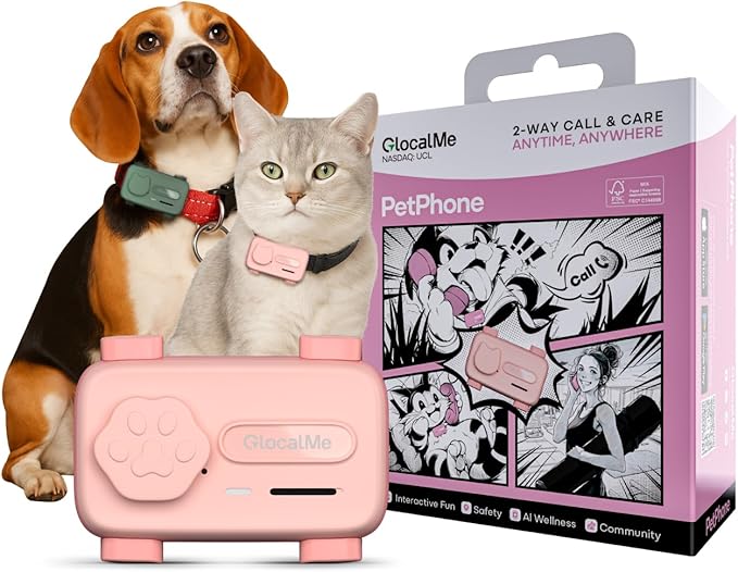 GlocalMe PetPhone for Dog and Cat, Support Play Music and Two-Way Call, Pet Community and AI Health Alerts, Real Time Tracking and Virtual Fence, Unlimited Range Pet GPS Tracker (Pink)-PawvioPets