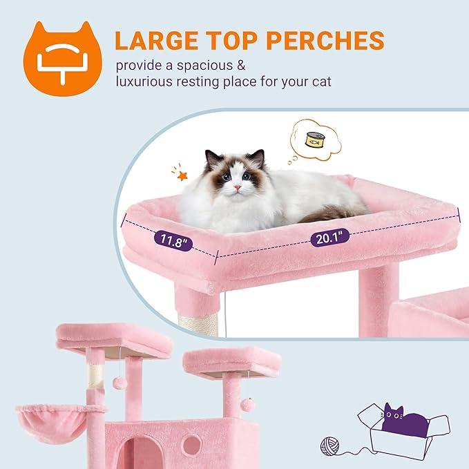 Allewie 81 Inches Tall Cat Tree/Multi-Level Large Climbing Tree House and Towers for Big Feline/Condo and Hammock/Scratching Post/Wide Base/Pink-PawvioPets
