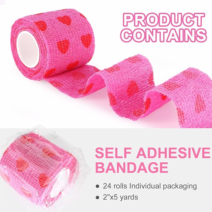 24 Pack Self Adhesive Vet Wrap & Medical Tape, 2 Inch x 5 Yards Cohesive Bandage Wrap - Pink Heart Grip Tape for Ankle, Wrist Sprains, Sports, Pet First Aid-PawvioPets
