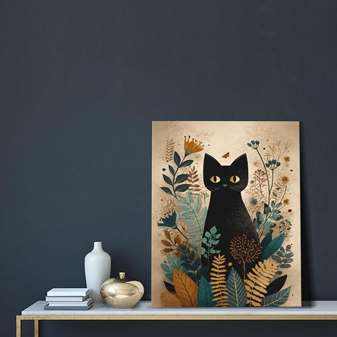 Boho Black Cat Wall Art Kitten Botanical Wall Decor Mid Century Modern Canvas Painting Print Minimalist Pictures Artwork Framed Decorations Gifts for Cat Lover Bathroom Nursery Living Room Bedroom Kitchen 16"x20"-PawvioPets