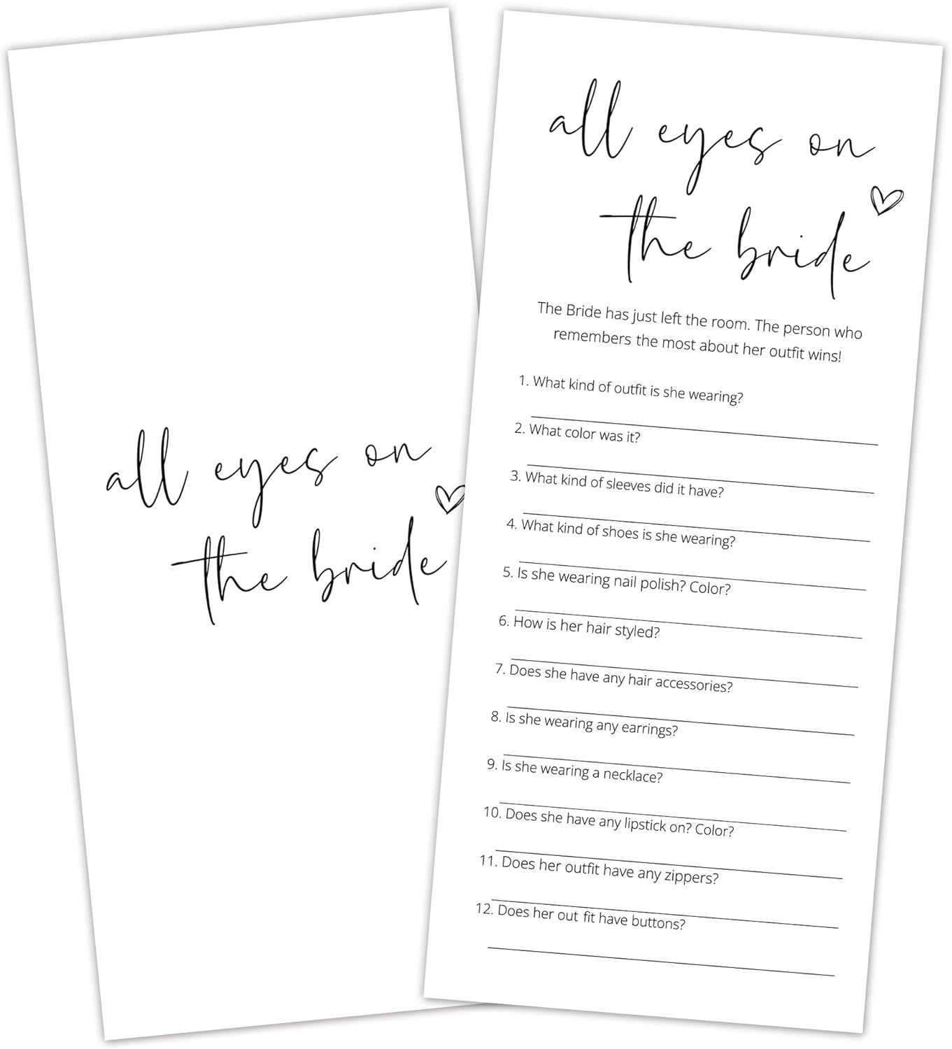 Bridal Shower Games, All Eyes On The Bride, 25Pcs 4x9inch Minimalist White Double-Sided Bridal Game Cards, Wedding Shower Games for Guests, Engagement Bachelorette Party Supplies - A20
