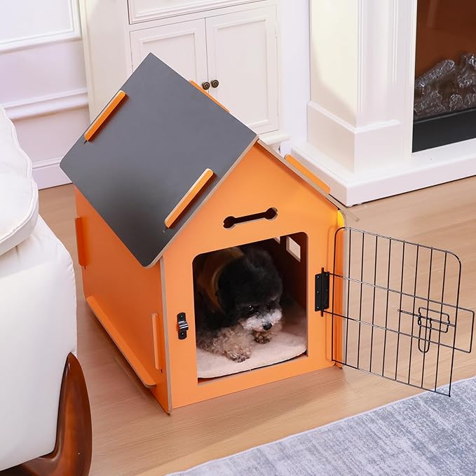 Dog House Indoor for Small Dogs or Cats, Cozy Wooden Design, Small Indoor Bed House, with Air Vents and Elevated Floor Warm Dog Cave (Orange)-PawvioPets