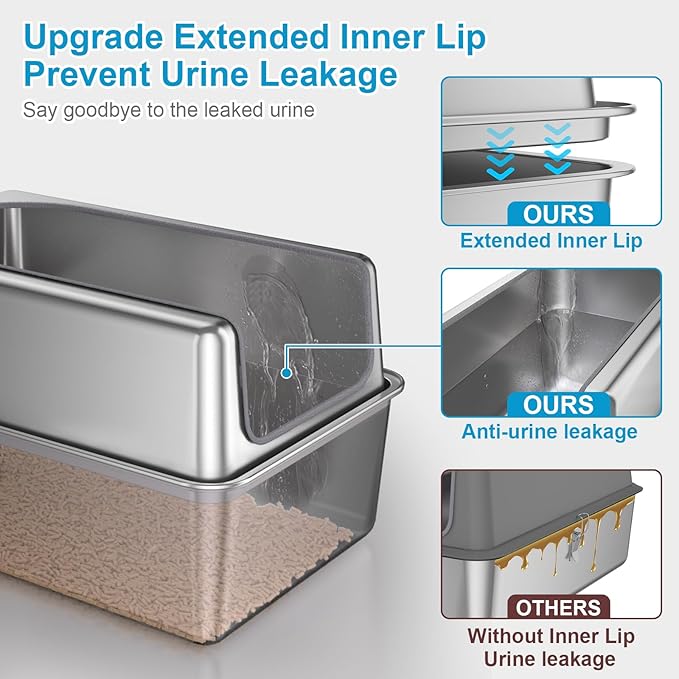 14'' High Sides XXL All Stainless Steel Cat Litter Box with Lid,XL Deep Metal Litter Box for Big Cats,Extra Large Litter Boxes with High Wall Enclosure,Anti-Leakage,Never Absorbs Odors,Non-Sticky-PawvioPets