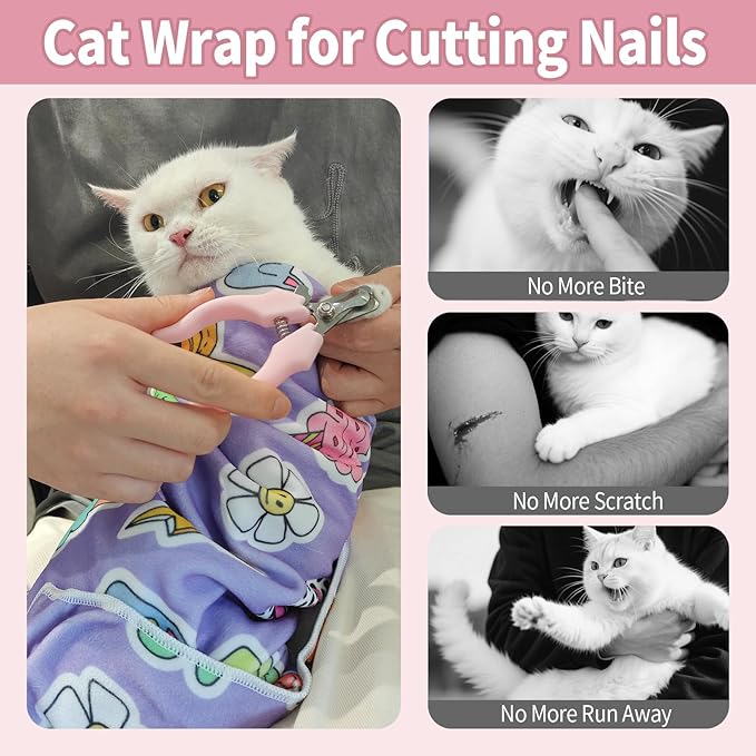 27.6" Cat Grooming Wrap,Self-Adherent Cat Wrap for Cutting Nails,Anti-Escape Cat Swaddle Wrap,Multifunctional Anti-Scratch Cat Restraint Wrap for Medicine,Nail Clipping,Ear Cleaning(Within 15lbs)-PawvioPets