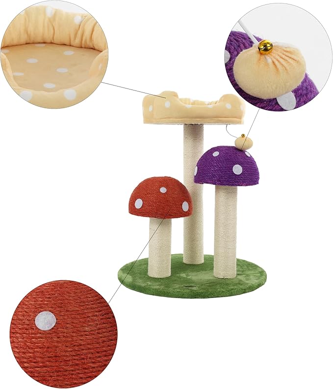 CTR1001A Pixie 22.5" 3-Tier Cottage Sisal Mushroom Cat Tree with Scratching Posts, Napping Perch, and Dangling Bell Toy, Multi-PawvioPets