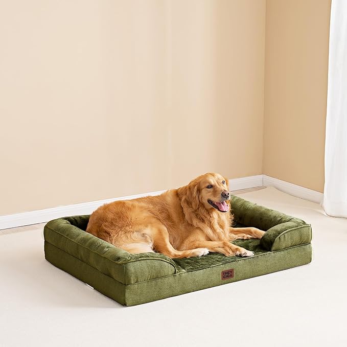 EHEYCIGA Orthopedic XXL Dog Bed for Extra Large Dogs, Waterproof Memory Foam Couch Bed with Sides, Non-Slip Bottom, Washable Removable Cover,Olive Green-PawvioPets