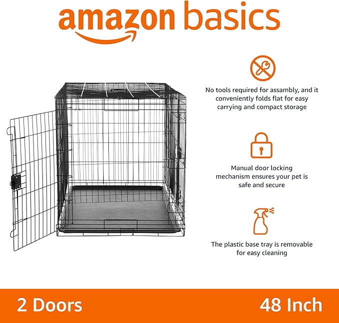 Amazon Basics Durable, Foldable Metal Wire Dog Crate with Tray, Double Door, 48 x 30 x 32.5 in, Black-PawvioPets