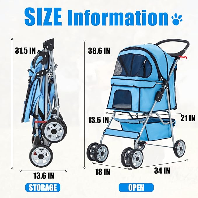 Dog Stroller, Folding 4 Wheels Pet Stroller for Small Medium Dog Cat Travel Carrier with Weather Cover Storage Basket Cup Holders Blue-PawvioPets