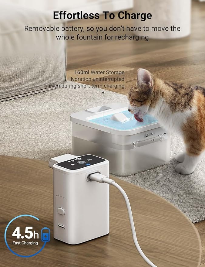 DownyPaws Battery Operated Cat Water Fountain, 84oz/2.5L Fursink Wireless Pet Water Fountain for Cats Inside, Automatic Dog Water Dispenser with Motion Sensor, Ultra Quiet Pump, BPA-Free, White-PawvioPets