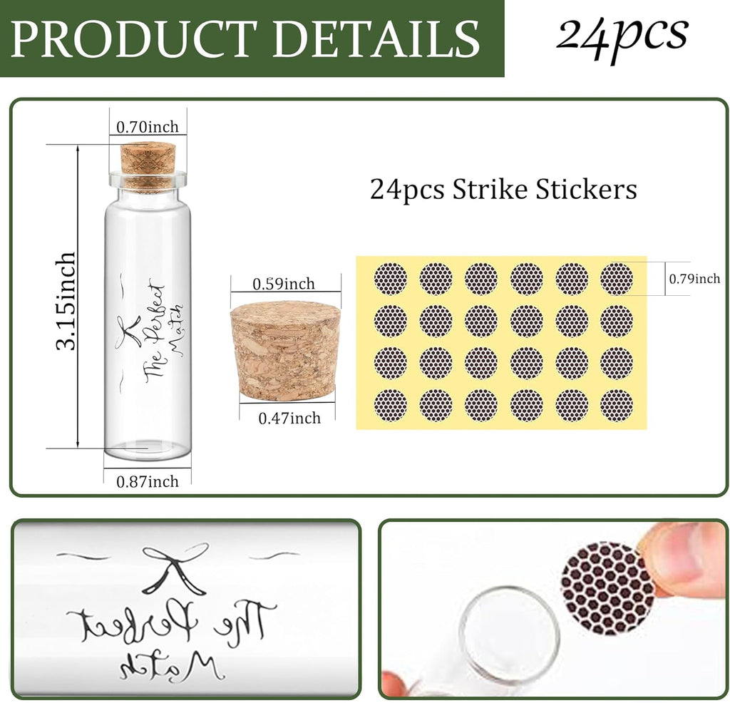 24 Matches Holders Empty Jars with 24 Striker Stickers, Empty Matches in A Jar with Striker DIY Wedding Favors, Candle Holder Containers & Bulk Storage| The Perfect Match Box (0.87x3.15 Inch) (24)