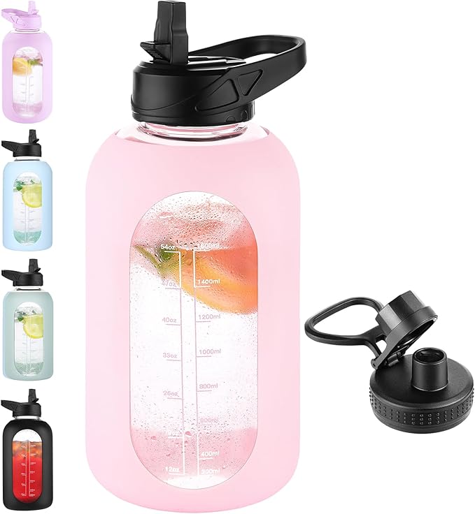 64 oz Glass Water Bottle With Straw and Handle, Half Gallon Sports Motivational Water Jug Flask with Silicone Sleeve, Large Water Cup with Time Marker for Travel, Gym, Blush-PawvioPets