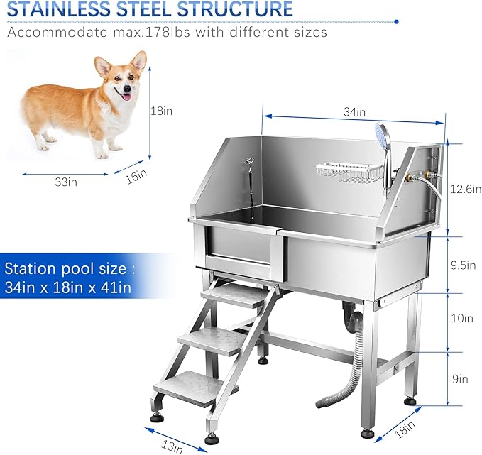 Dog Bath Tub 34'' Small Dogs, Pet Grooming Bahtub Home Washing Station for Small Pets Stainless Steel with Sliding Doors, Left Steps-PawvioPets