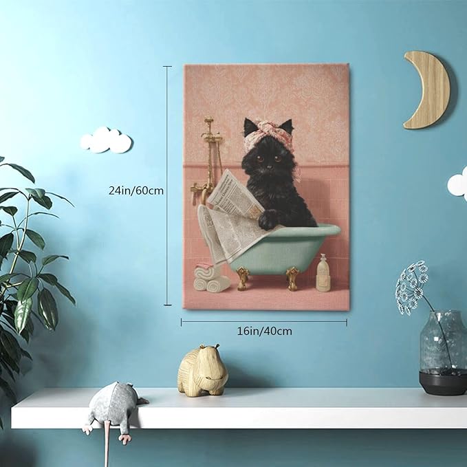 Cat Bathroom Wall Decor Black Cat Reading Newspaper in Bathtub Canvas Wall Art Funny Bathroom Pictures Kitten Painting Print Pink Artwork Framed Decorations Gifts 16"x24"-PawvioPets