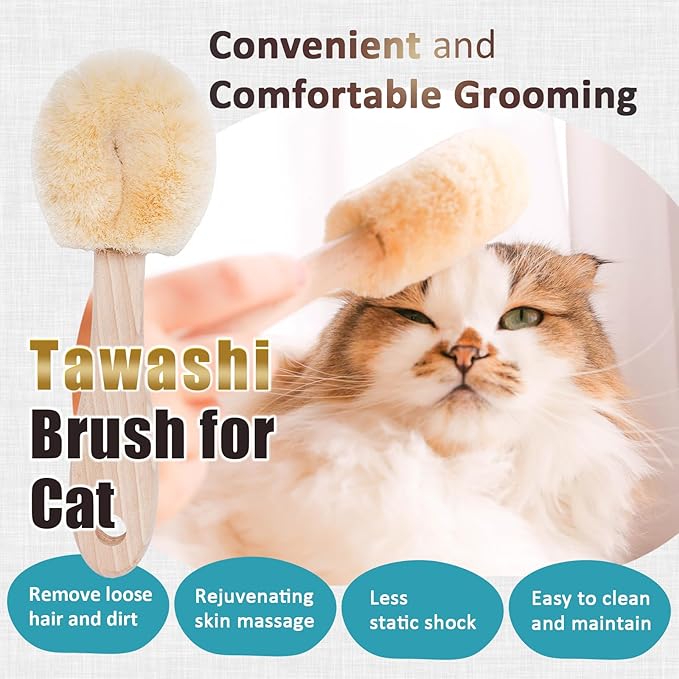 Cat Grooming Massage Tawashi Brush with Wood Handle Less Static Natural Sisal fiber Made in Japan (Type-A)-PawvioPets