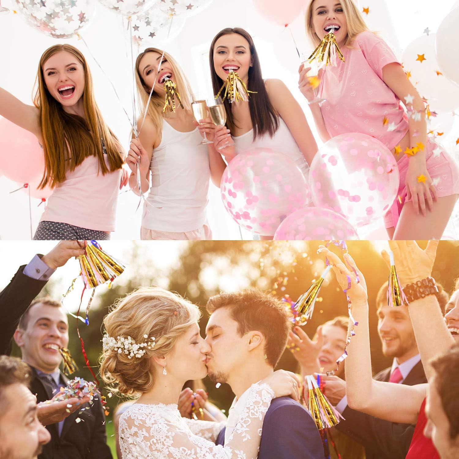 24 Pieces Gold Noise Makers Glitter Metallic Fringed Party Blowers Pink Musical Blowouts Whistle Adults Blower Horns for Birthday Baby Shower New Year Eve Party Favor Supplies Decoration