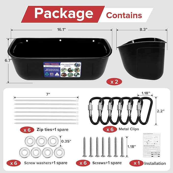 Goovilla Large Feed Trough, Hanging or Screw-in Fence Feeder with Clips, 2 Pack 9 Quart Goat Feeder Supplies, Dog Horse Hog Pig Livestock Poultry Plastic Feeder Trough Bucket for Large Animal, Black-PawvioPets