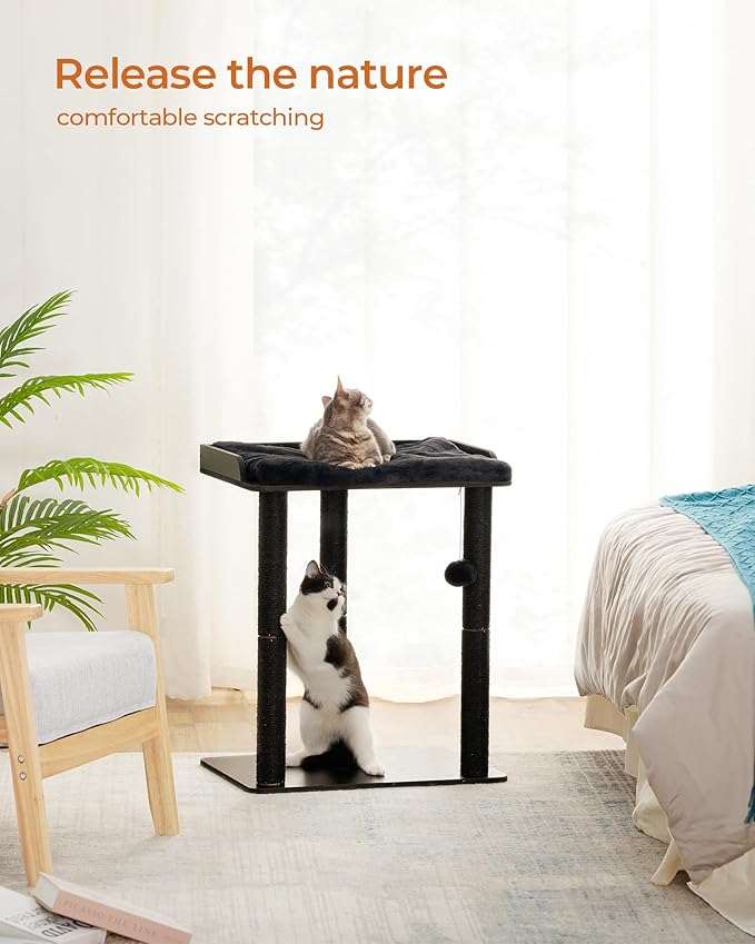 FourFurPets 26.7in Cat Tree Tower Condo, Cat Scratch Posts for Indoor Cats, Big Plate, Three 23.6in Full Sisal Scratching Posts, Black-PawvioPets