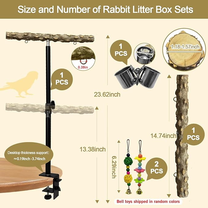 18-27 Inch Height Adjustable Bird Perch Pepper Wood Desktop Bird Training Perch Stand with Feeding Cups and Swing Toy Parakeet Perches Indoor and Outdoor Parrot Stand for Small to Medium Birds-PawvioPets