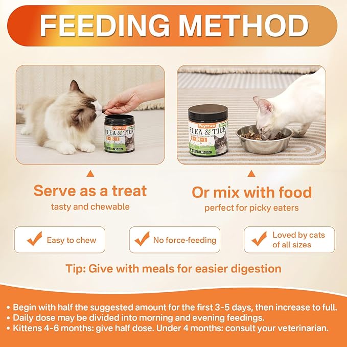 4-in-1 Flea Treatment for Cats Chewable, Natural Cat Flea and Tick Prevention Chewable Supplement for Skin & Coat | Immunity Support | Digestive | Flea & Tick Treatment for All Breeds & Sizes-PawvioPets