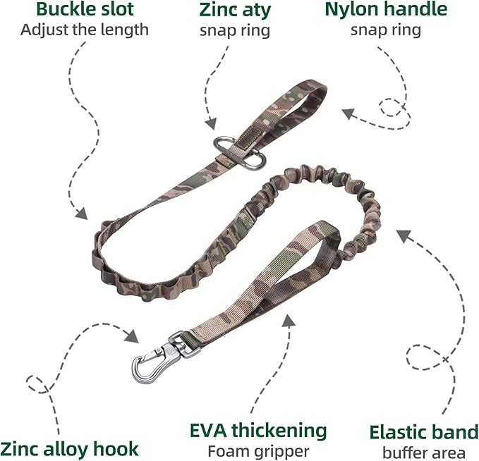EXCELLENT ELITE SPANKER Bungee Dog Leash Tactical Nylon Adjustable Tactical No Pull Leads Rope for Dogs Quick Release Military Rope with 2 Control Handle (MCP)-PawvioPets