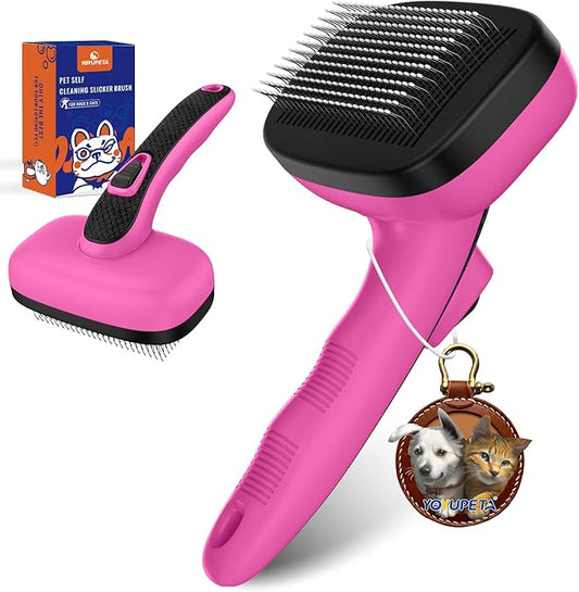 Dog Brush for Shedding & Grooming, Self Cleaning Slicker with Retractable Pins for Short & Long Haired Dogs & Cats. Removes Loose Fur, Undercoat, Mats & Tangles. Fits Large, Small Pet. Pink-PawvioPets