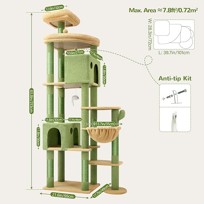 Globlazer Cactus Giant Cat Tree, 83 inch Cat Tree for Indoor Cats Large Adult, XXL Cat Tower with 9 Scratching Posts for 20lb+ Heavy Duty Large Adult Cats, F83, Green-PawvioPets