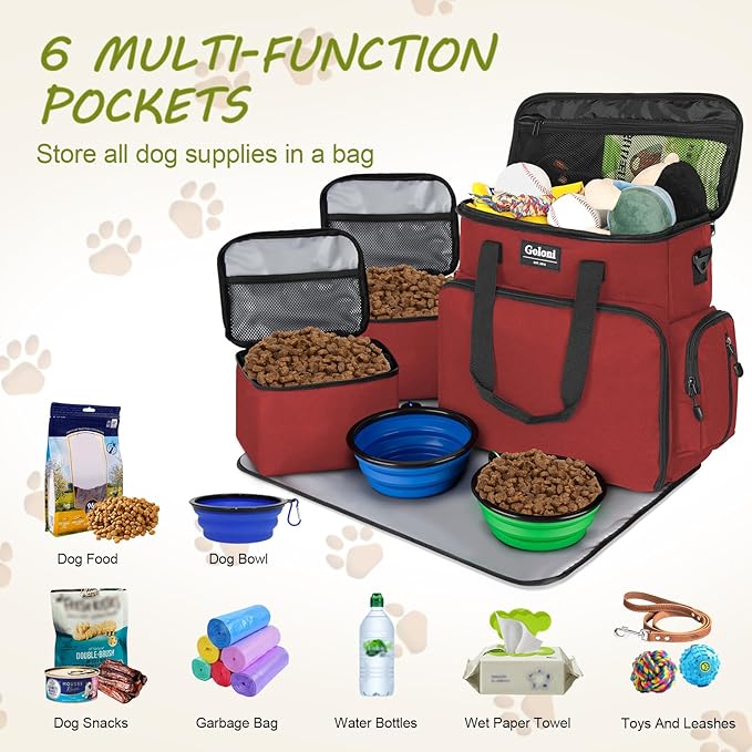 Dog Travel Bag Airline Approved–Pet Travel Tote with Collapsible Bowls,Food Containers & Feeding Mat–Multi-Pocket Organizer for Dogs & Cats, Durable & Water-Resistant for Hiking,Trips,Outdoors-PawvioPets