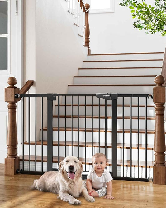 Cumbor 29.7-54.2" Wide Baby Gate for Stairs, Mom's Choice Awards Winner-Self Closing Dog Gate Indoor for Doorways, No Drilling Pressure Mounted Pet Gates for Kids, Easy Walk Through Safety Gate, Black-PawvioPets