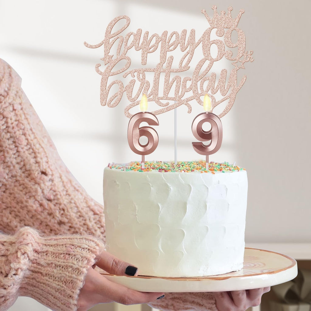 69th Birthday Decorations for Women, Including Birthday Sash, Crown/Tiara, Candles, Cake Topper, 69 Year Old Gifts for Women